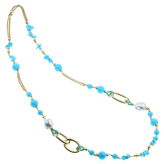 Collana lunga in argento turchese e perle